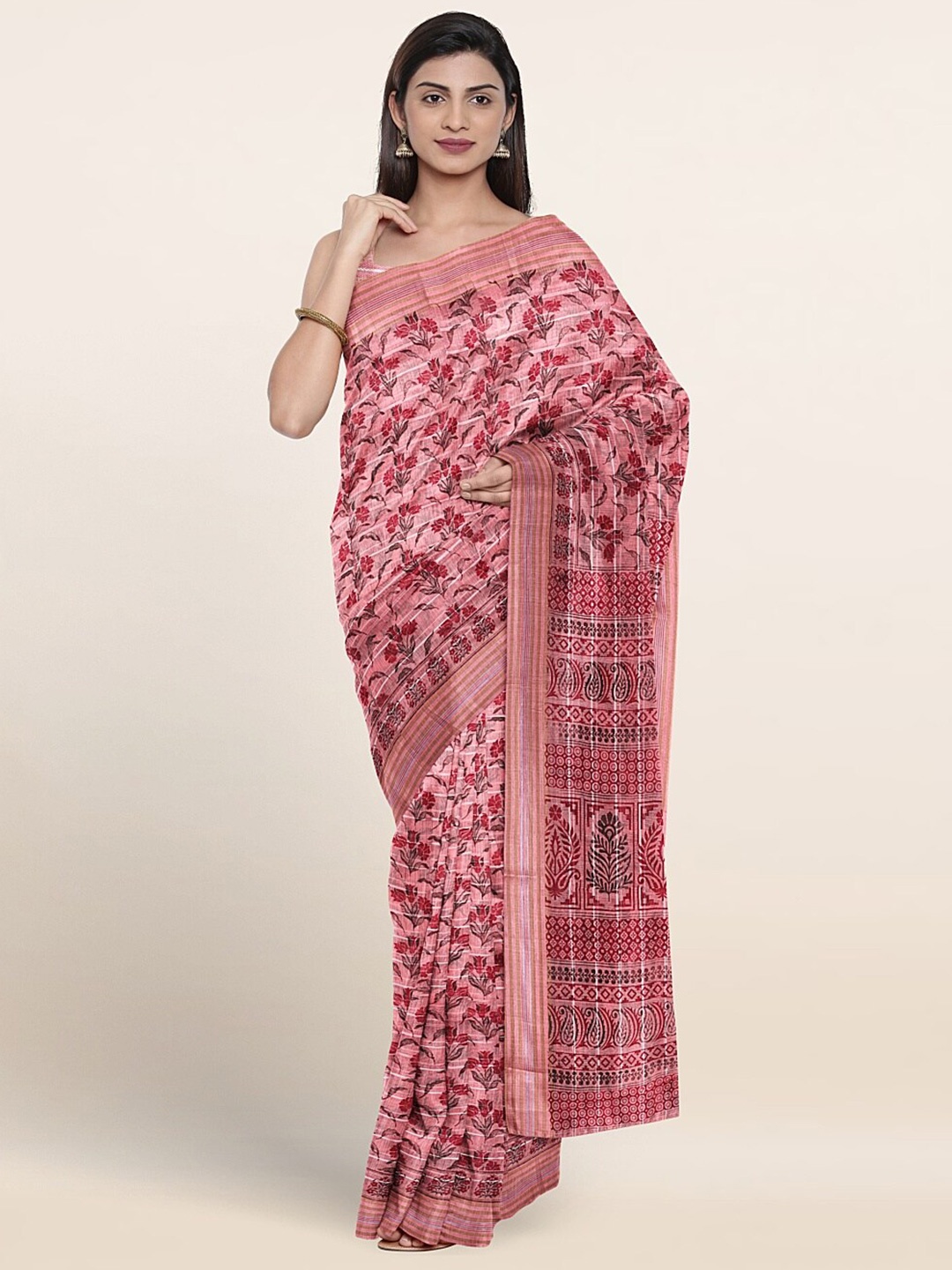 

Pothys Pink & Black Floral Printed Pure Cotton Saree