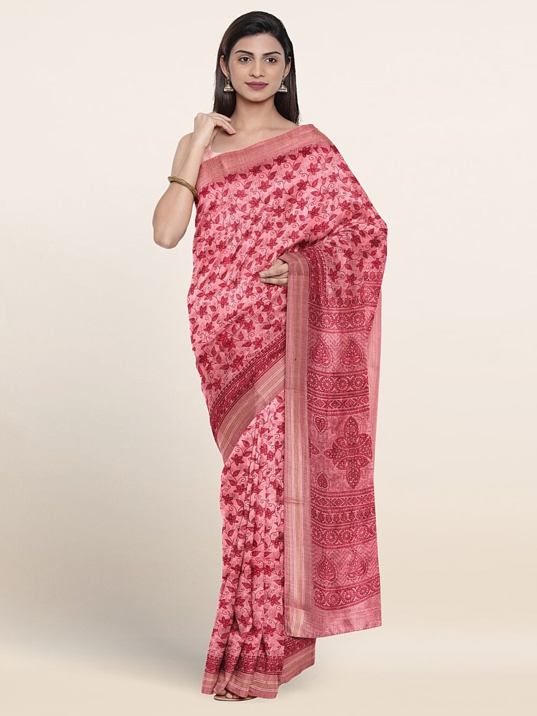 

Pothys Floral Printed Zari Pure Cotton Saree, Pink