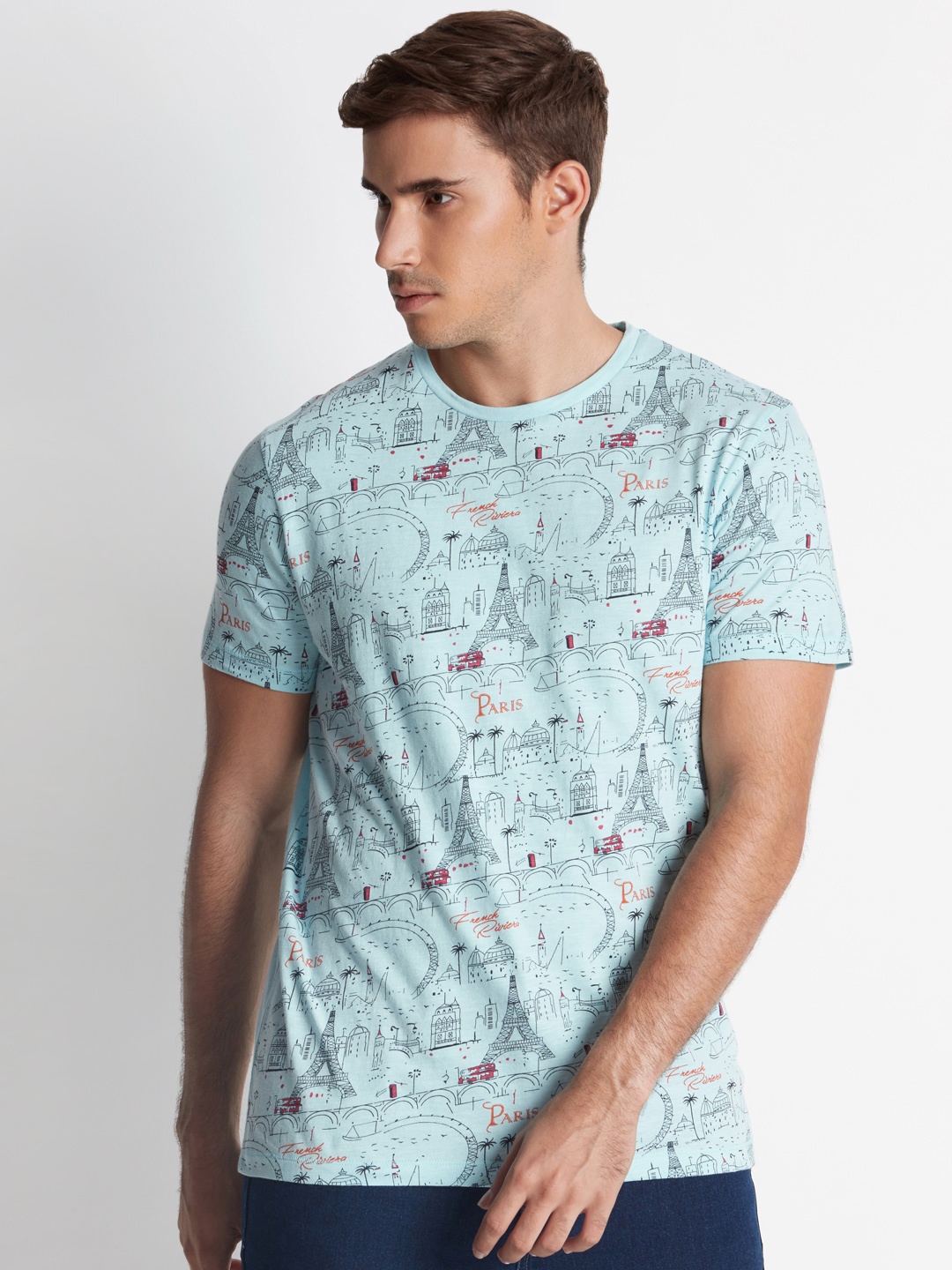 

Urban Ranger by pantaloons Men Blue Printed Slim Fit Round Neck Pure Cotton T-shirt