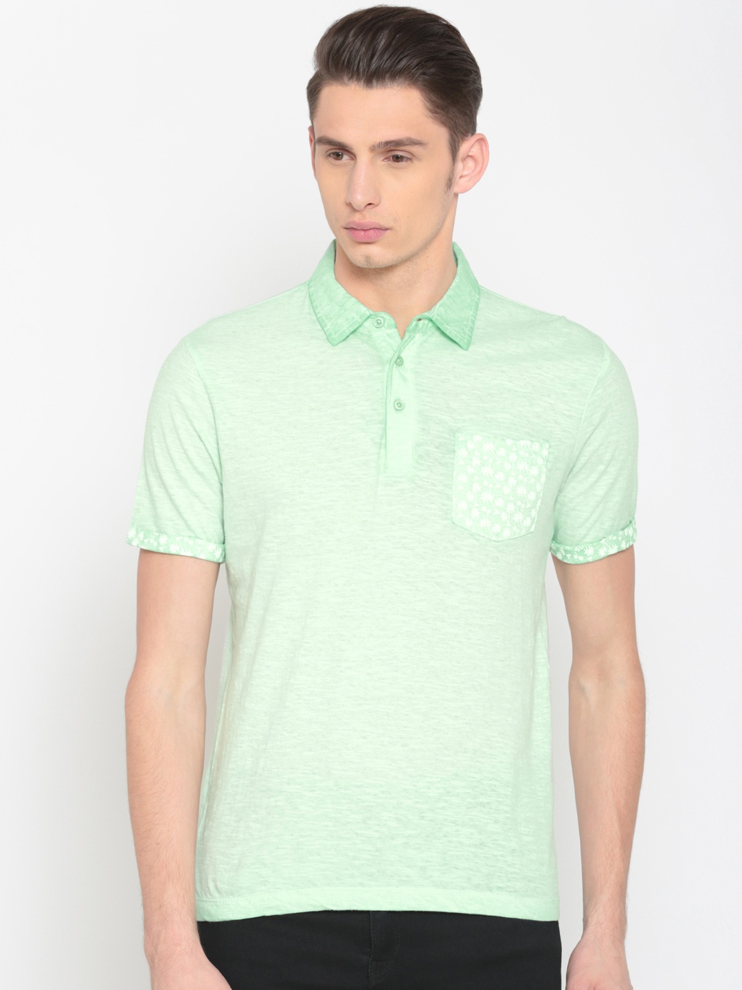 

Urban Ranger by pantaloons Men Green Solid Polo Collar Pure Cotton T-shirt