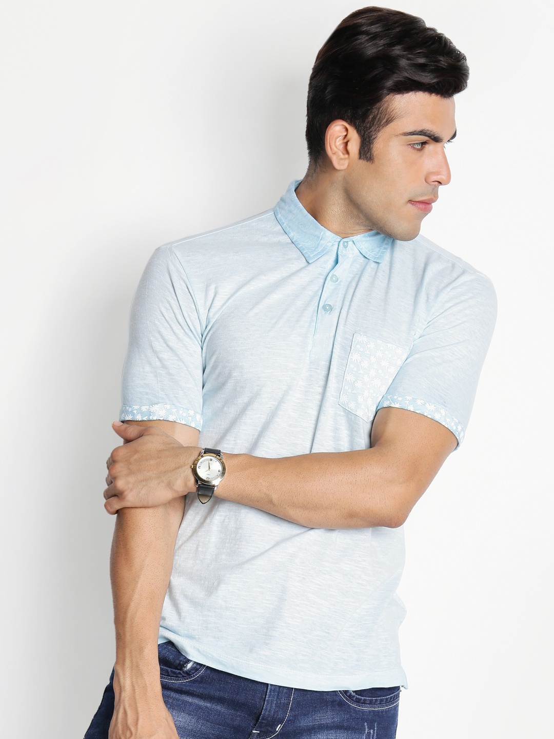 

Urban Ranger by pantaloons Men Blue Solid Polo Collar Pure Cotton T-shirt