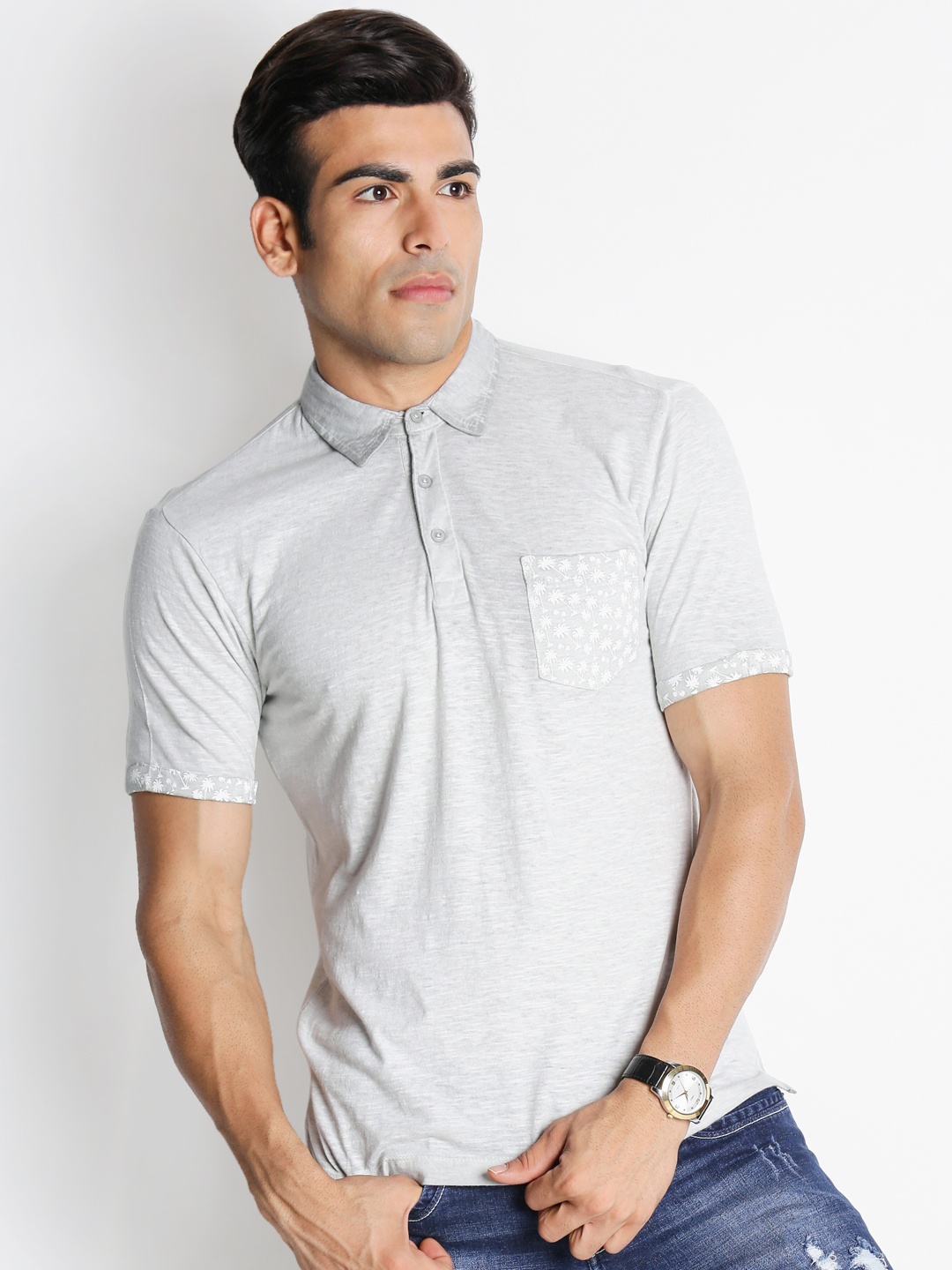 

Urban Ranger by pantaloons Men Grey Solid Polo Collar Pure Cotton T-shirt