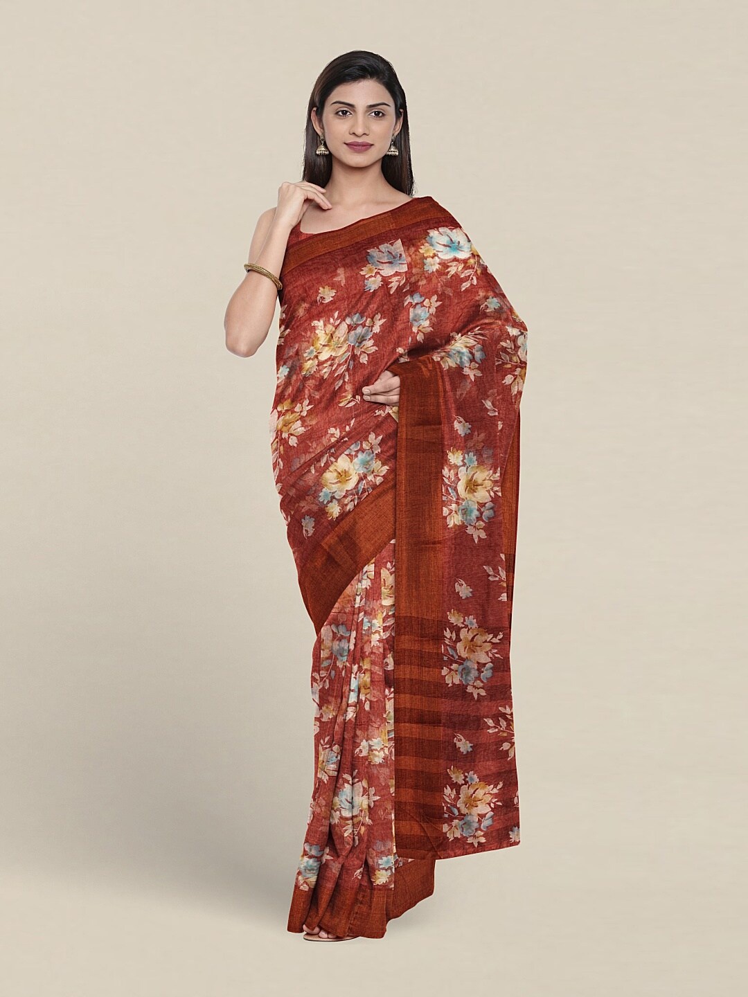 

Pothys Floral Ethnic Motifs Printed Saree, Brown