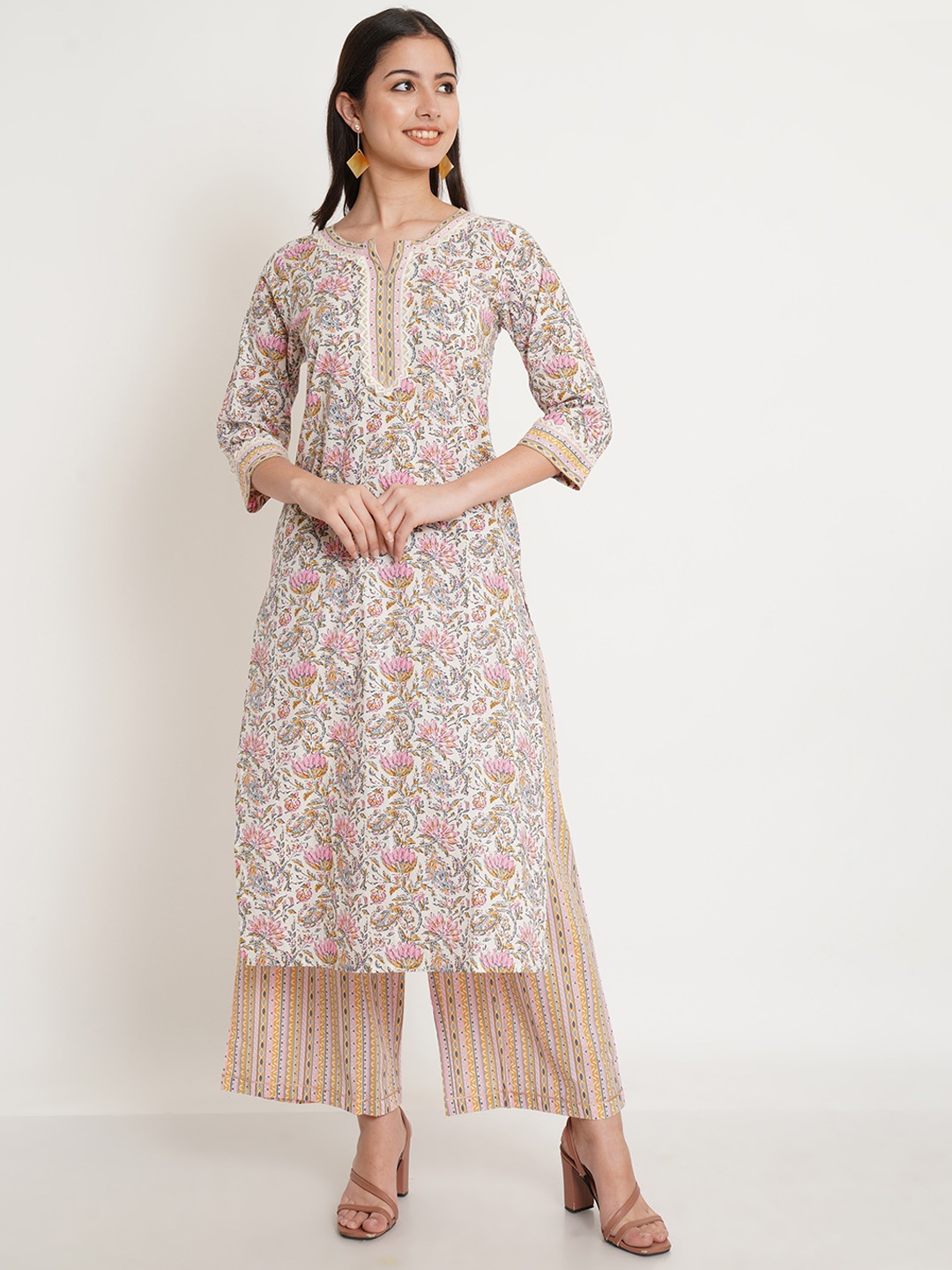 

KALINI Floral Printed Regular Pure Cotton Kurta with Palazzos, White