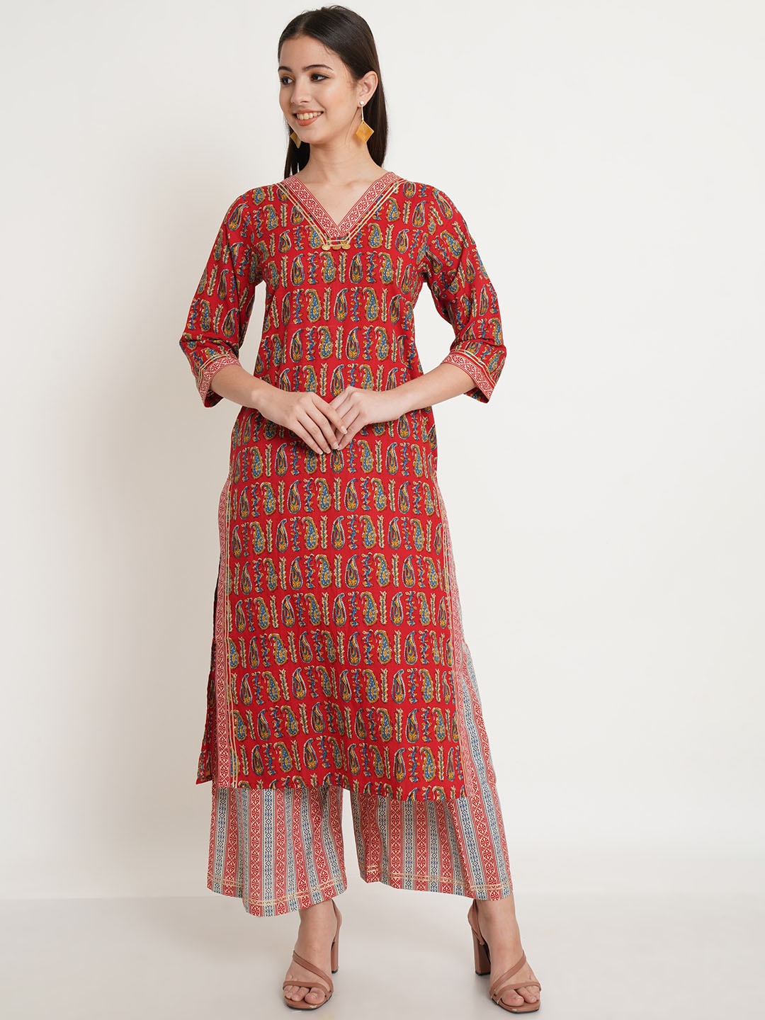

KALINI Paisley Printed Pure Cotton Kurta With Palazzos, Red