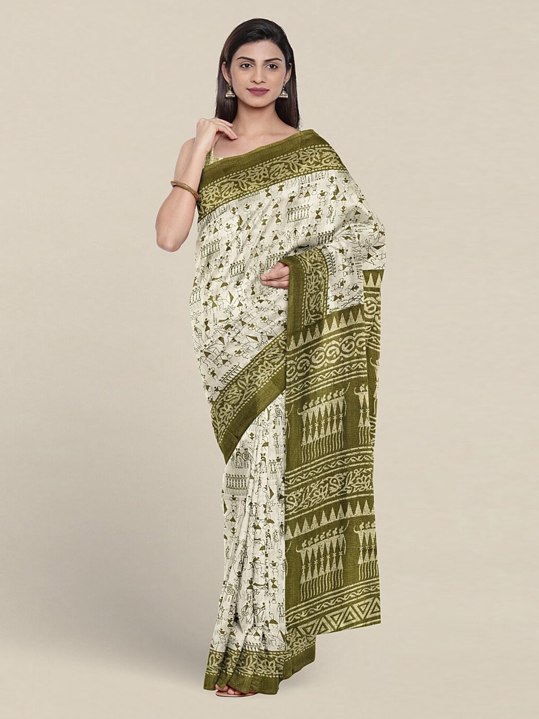 

Pothys Warli Printed Cotton Blend Saree, White