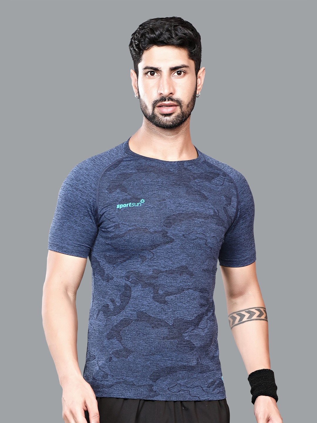 

SPORT SUN Abstract Printed Raglan Sleeves Sports T-shirt, Blue