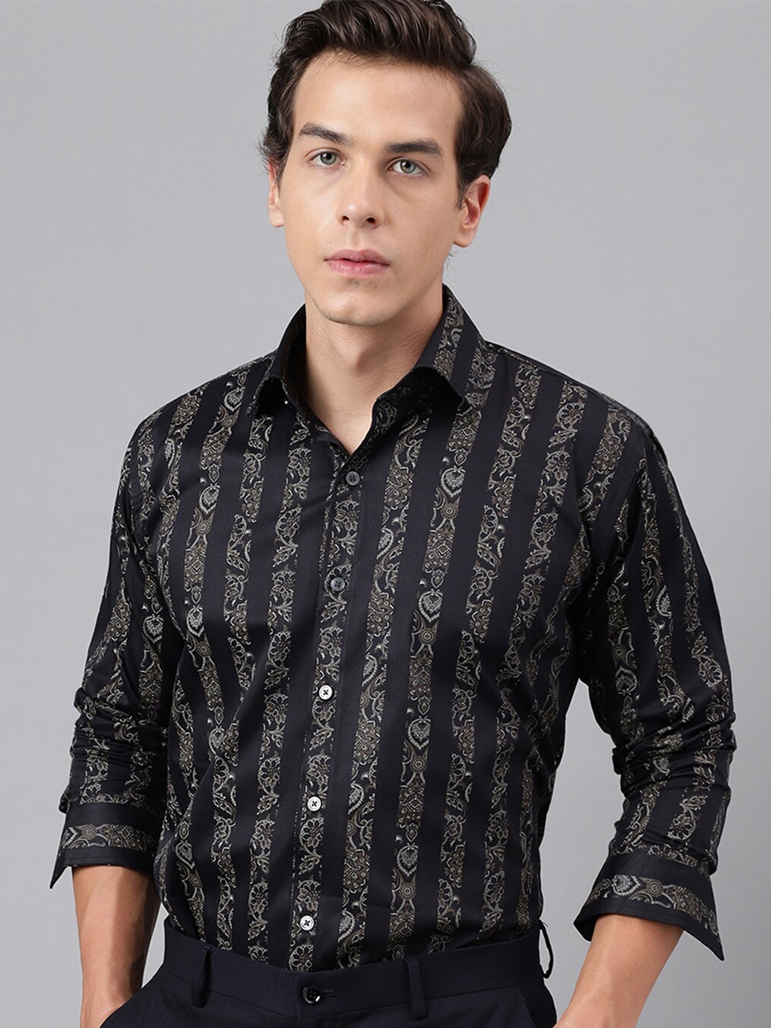 

Hancock Pure Cotton Premium Floral Print Striped Satin Slim Fit Party Shirt, Black