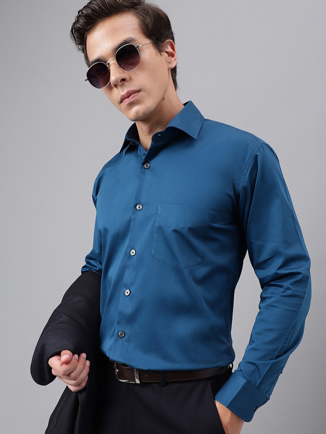 

Hancock Men Premium Solid Pure Cotton Satin Slim Fit Party Shirt, Turquoise blue