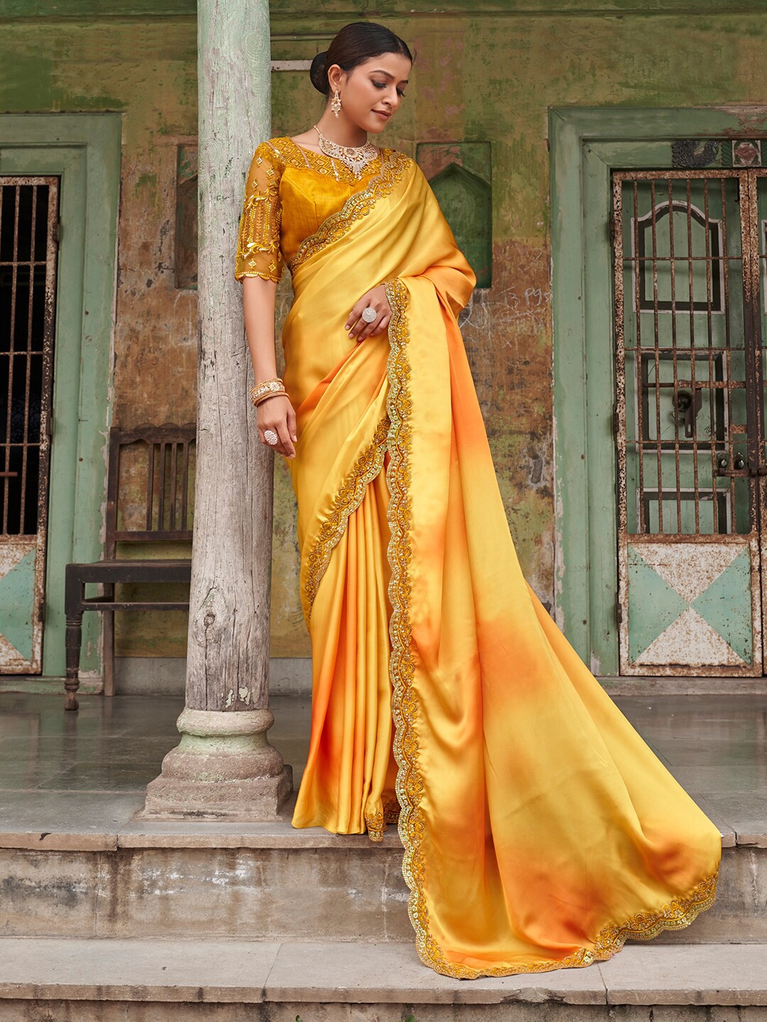 

Zeel Clothing Embellished Embroidered Satin Saree, Yellow