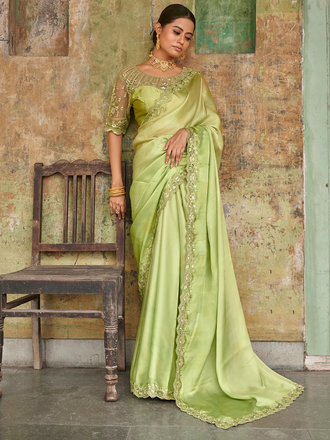 

Zeel Clothing Floral Embellished Border Satin Saree, Lime green