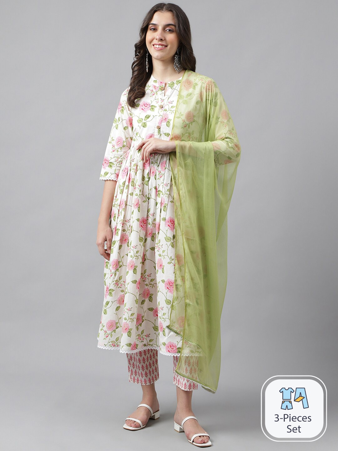 

SAABHI Floral Printed Regular Pure Cotton Anarkali Kurta With Palazzos & Dupatta, White