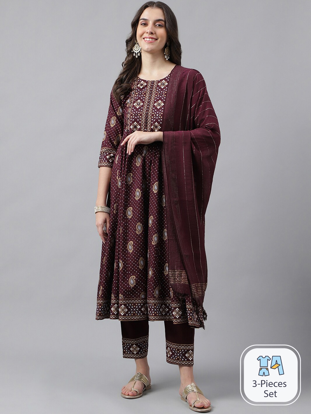 

SAABHI Paisley Printed Mirror Work Anarkali Kurta With Trousers & Dupatta, Purple