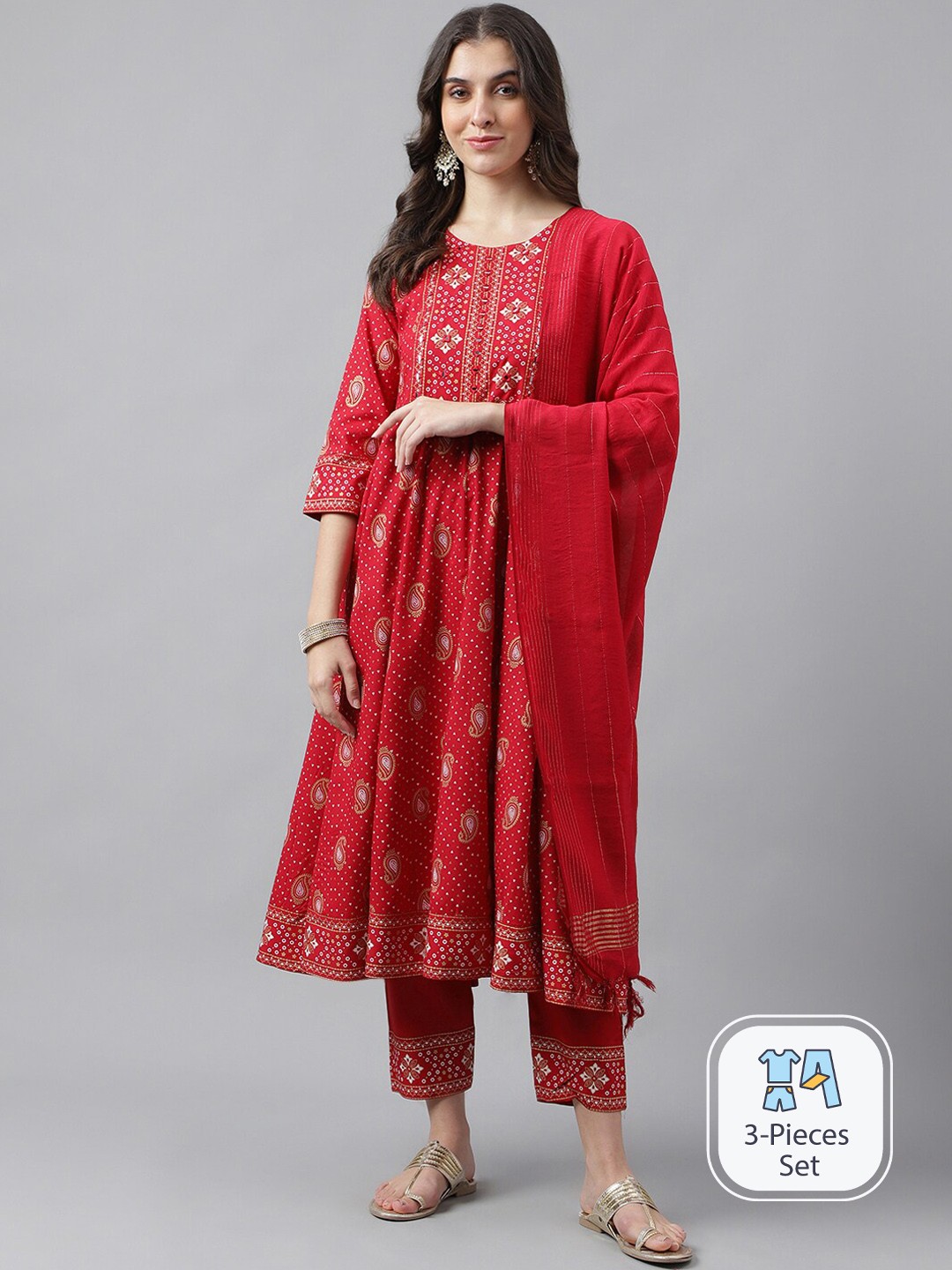 

SAABHI Floral Embroidered Thread Work Anarkali Kurta With Palazzos & Dupatta, Red