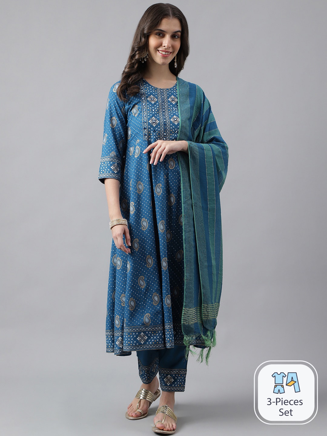 

SAABHI Paisley Printed Mirror Work Anarkali Kurta With Trousers & Dupatta, Blue