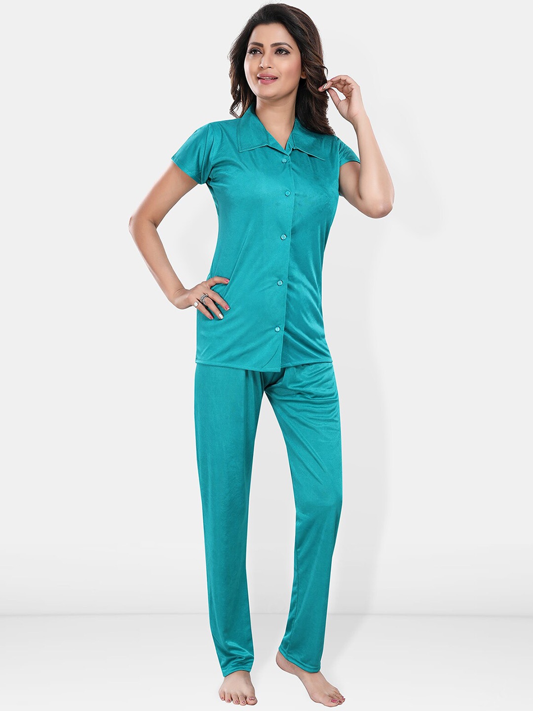 

Be You Satin Shirt & Lounge Pant Night Suit, Turquoise blue