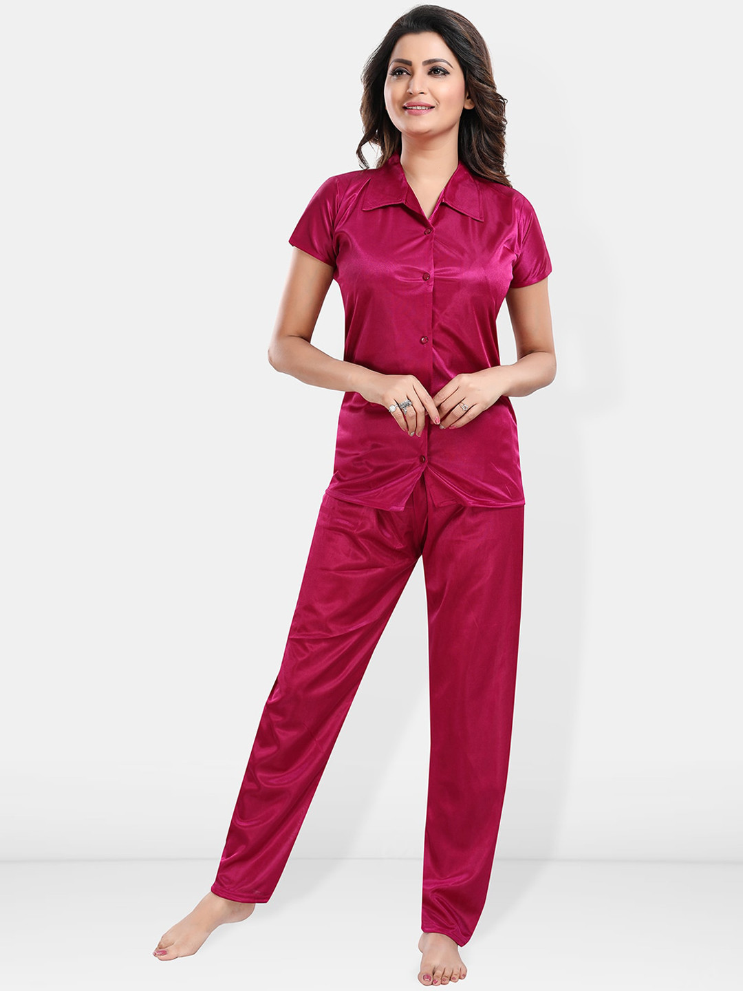

Be You Satin Shirt & Lounge Pant Night Suit, Magenta