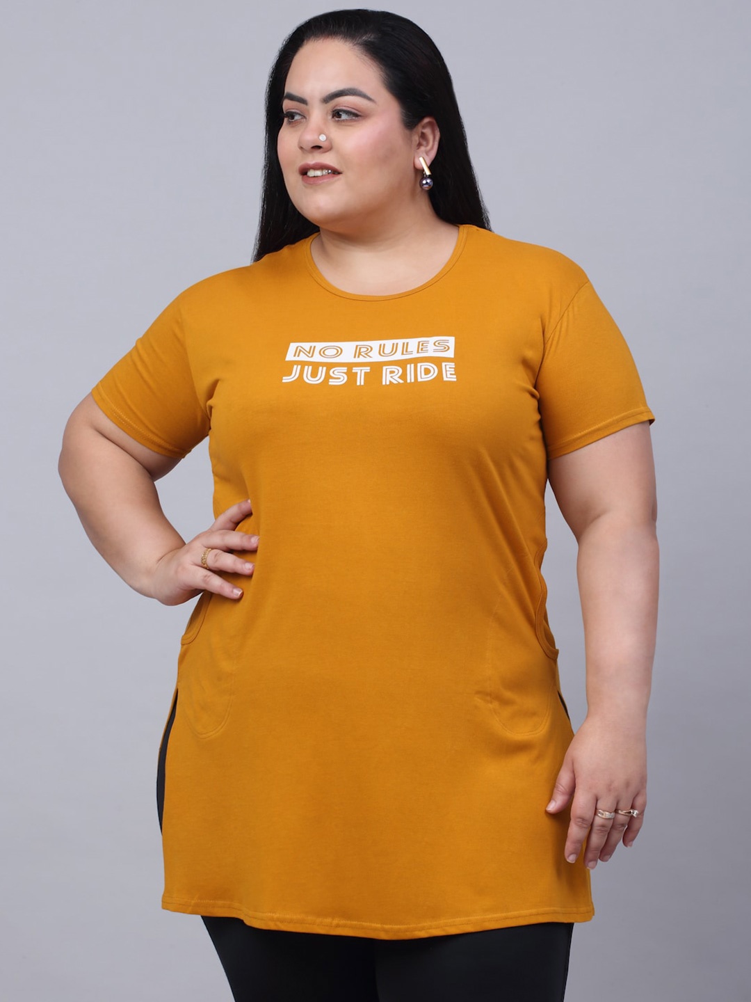 

Trend Level Typography Printed Cotton Plus Size T-Shirt, Mustard