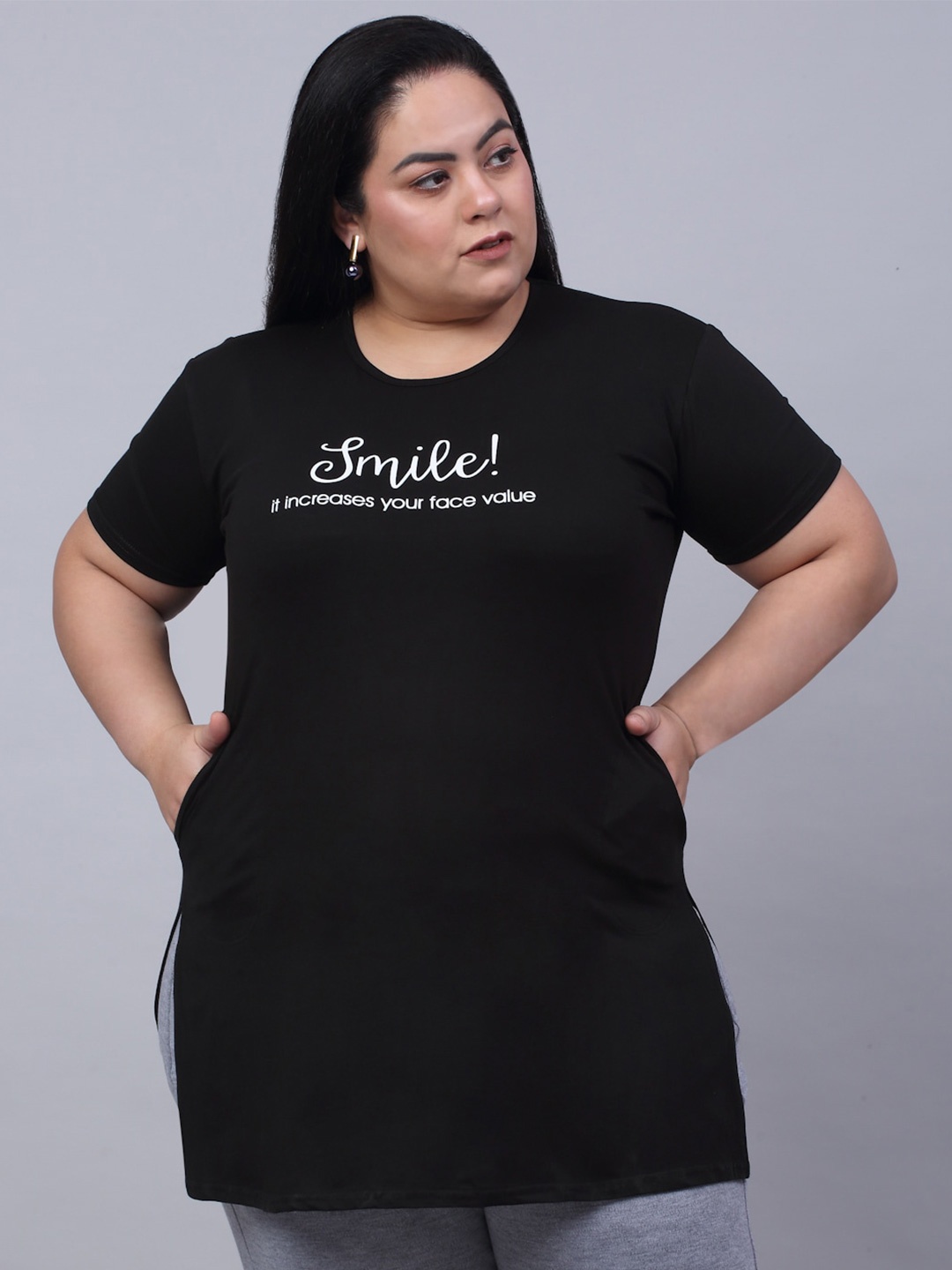 

Trend Level Typography Printed Cotton Plus Size T-Shirt, Black
