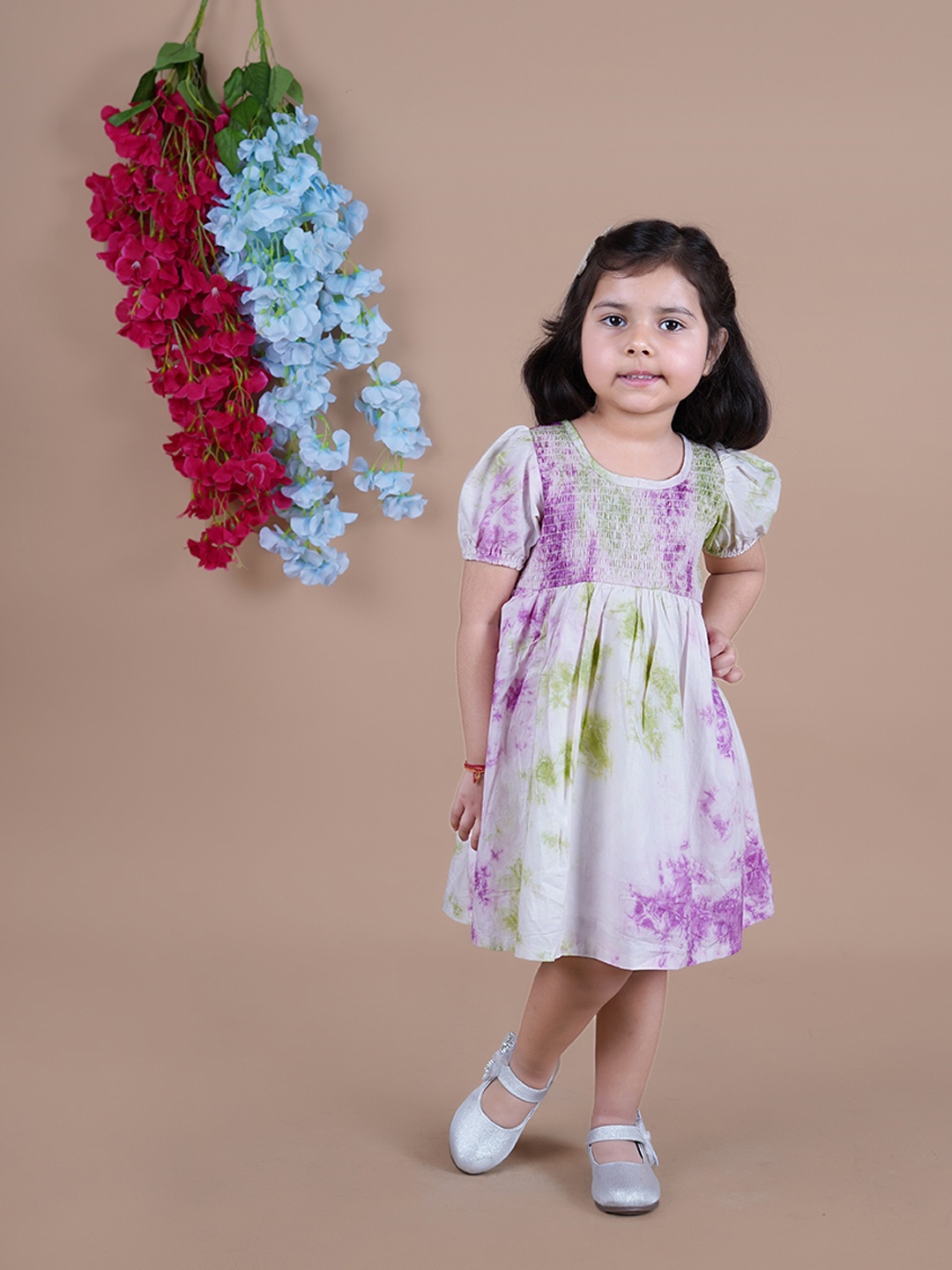 

Little Llama Girls Abstract Dyed Puff Sleeves Pure Cotton Casual Fit & Flare Dress, Pink