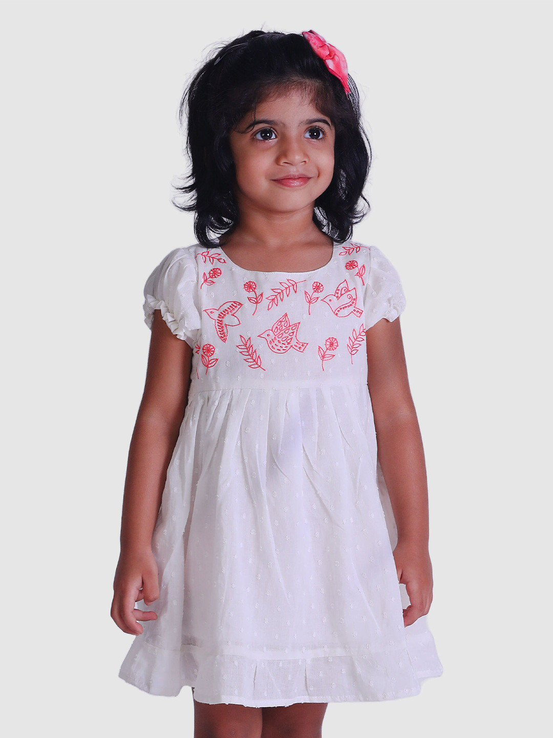 

Little Llama Girls Conversational Embroidered Pleated Pure Cotton Fit & Flare Dress, White