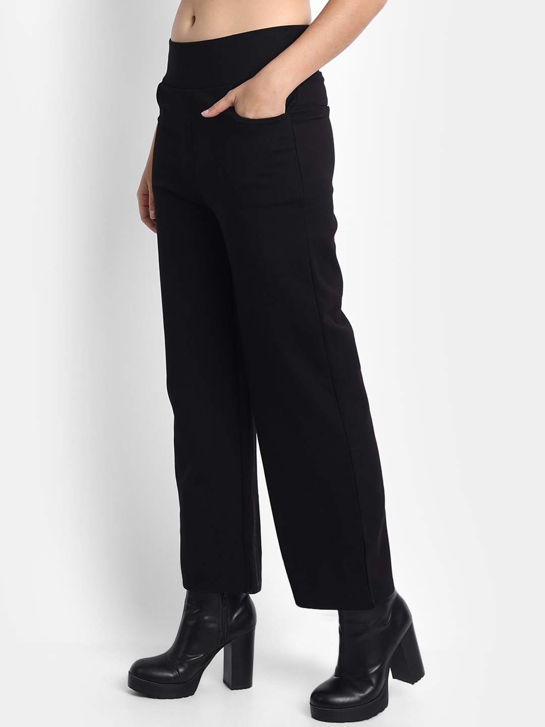 

BROADSTAR Women Smart Straight Fit High-Rise Easy Wash Stretchable Parallel Trousers, Black