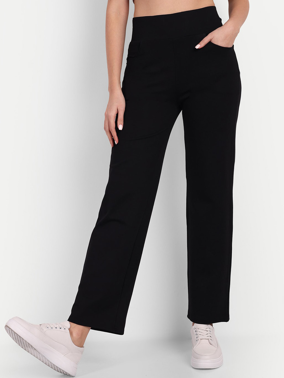 

BROADSTAR Women Smart Straight Fit High-Rise Easy Wash Trousers, Black