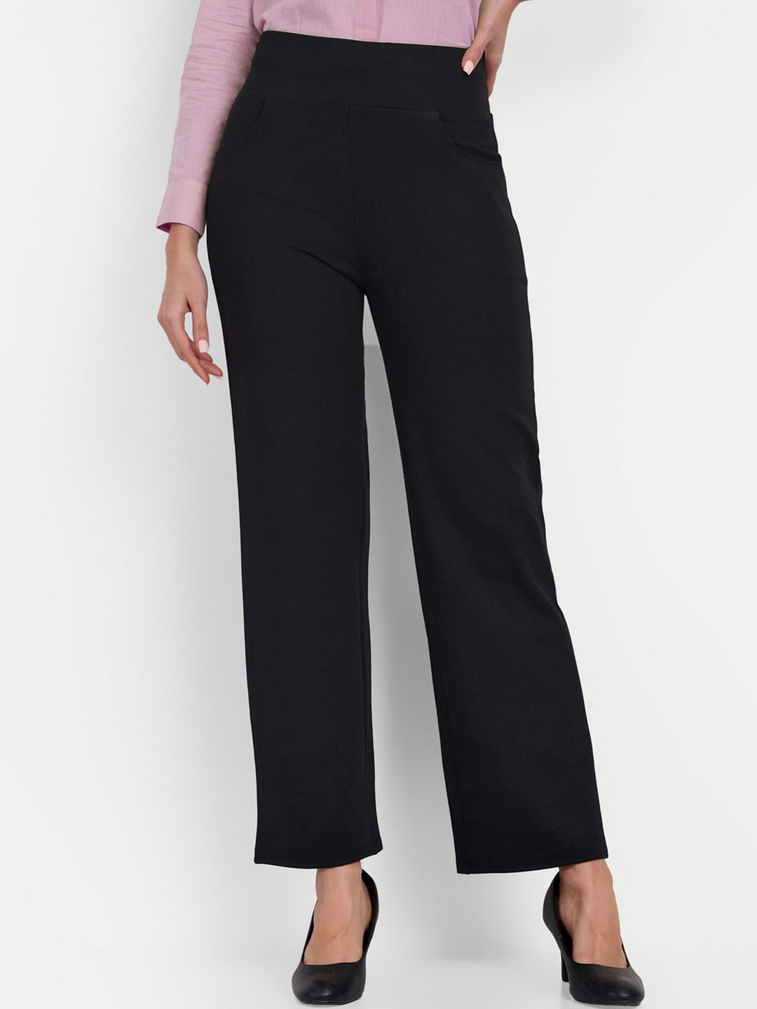 

BROADSTAR Women Smart Straight Fit High-Rise Easy Wash Formal Trousers, Black