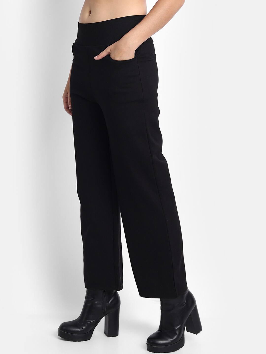 

BROADSTAR Women Smart Straight Fit High-Rise Easy Wash Stretchable Parallel Trousers, Black