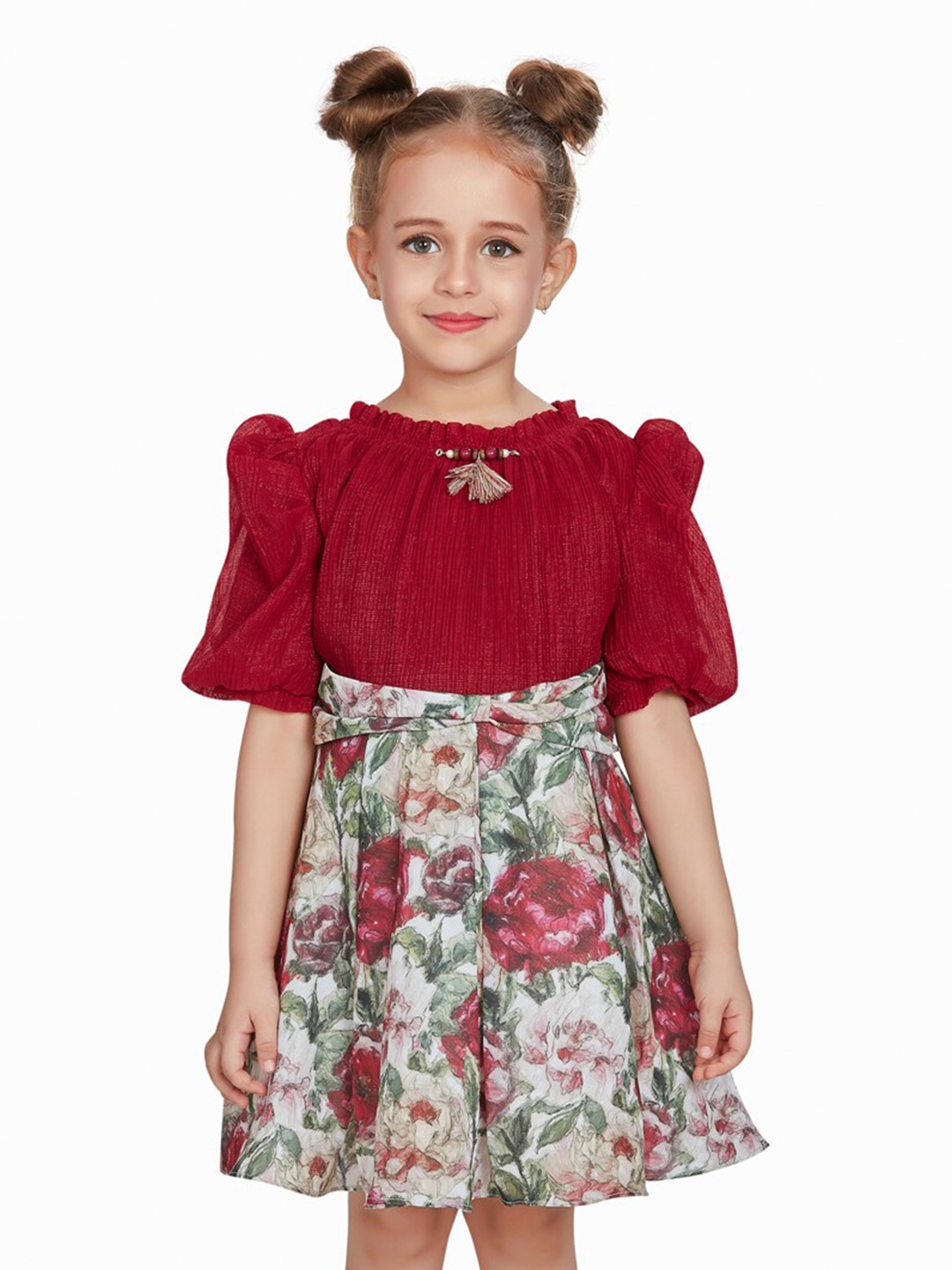 

Peppermint Girls Floral Print Puff Sleeve Fit & Flare Dress, Maroon