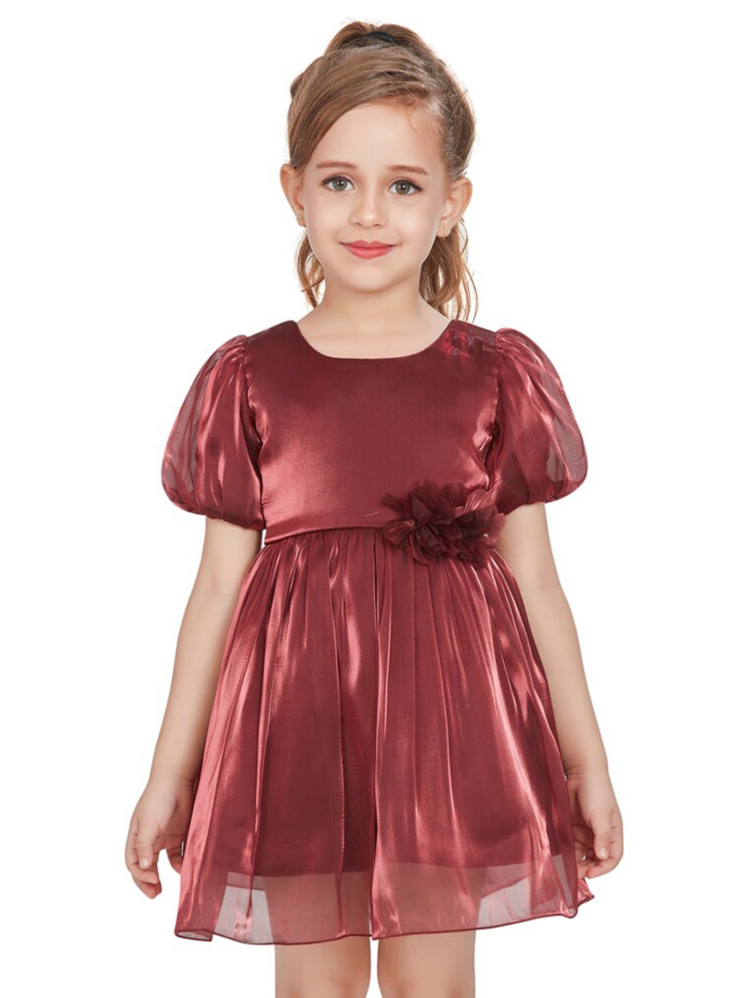 

Peppermint Girls Embellished Puff Sleeve Satin Fit & Flare Dress, Maroon