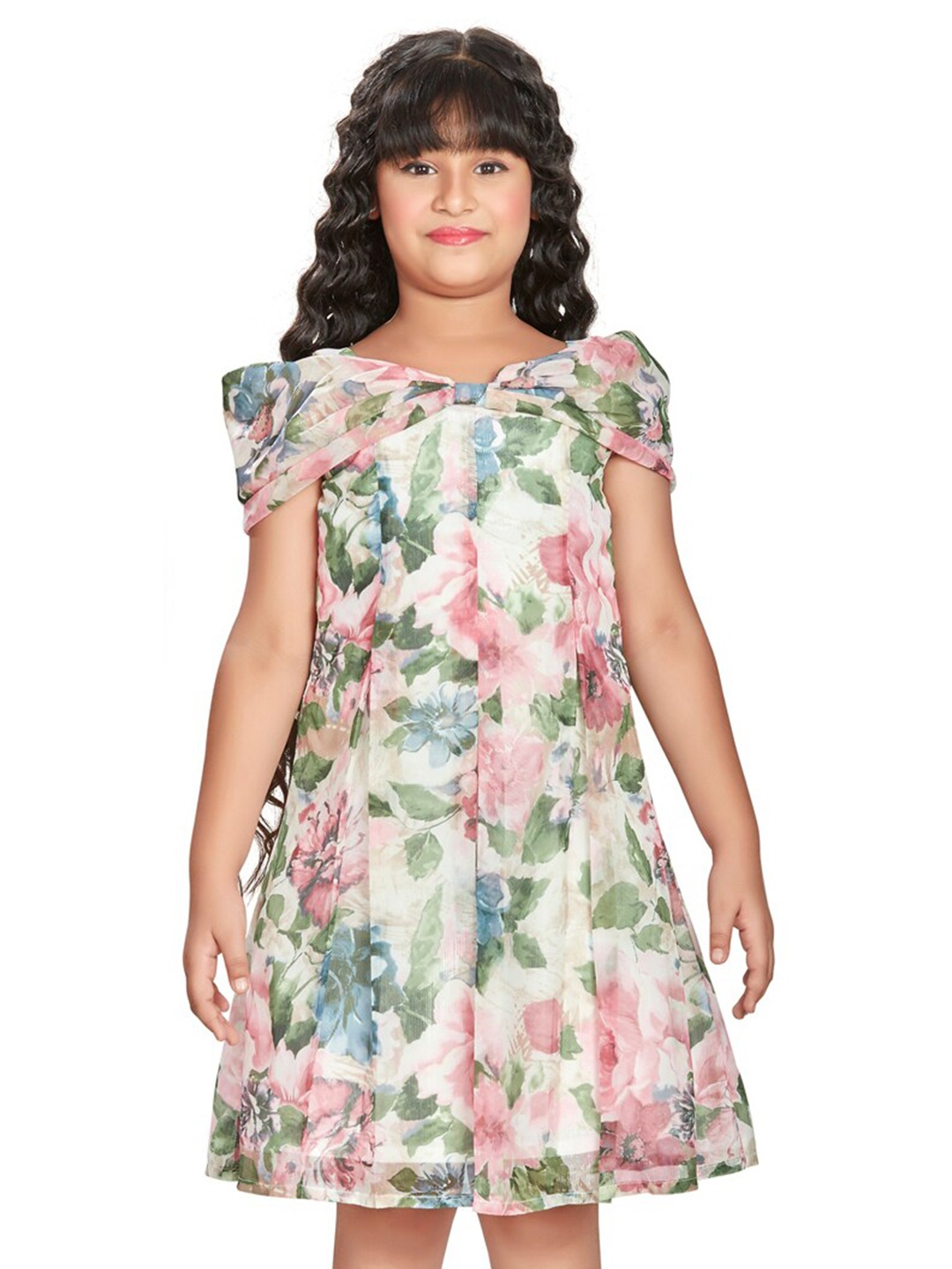 

Peppermint Girls Floral Printed Cold-Shoulder A-Line Dress, Green