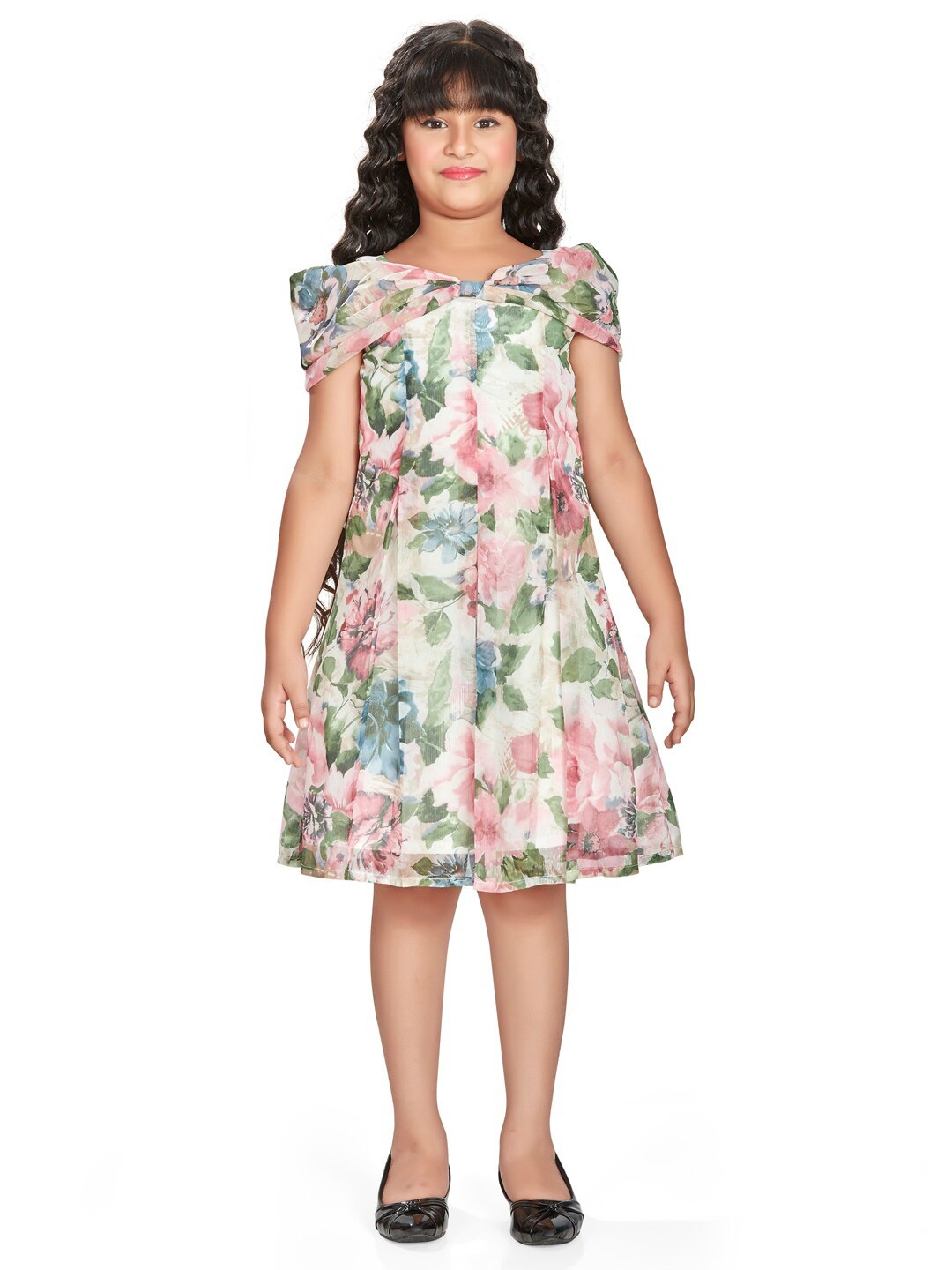 

Peppermint Girls Floral Printed Off-Shoulder Gathered A-Line Dress, Beige