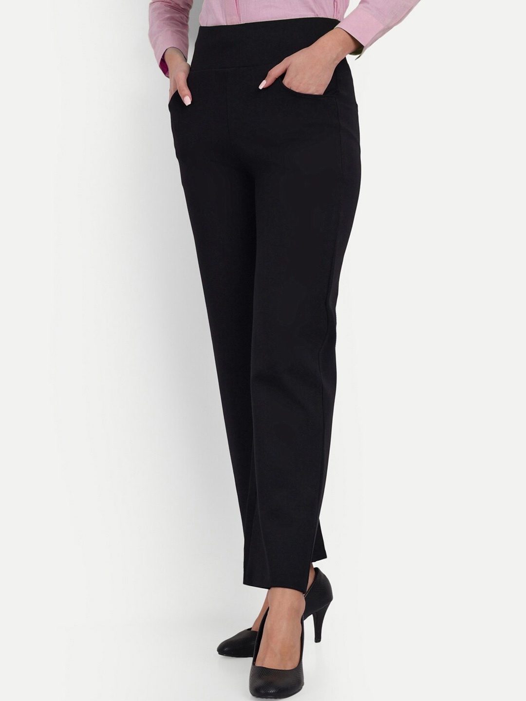 

Next One Women Smart Straight Fit High-Rise Easy Wash Formal Trousers, Black