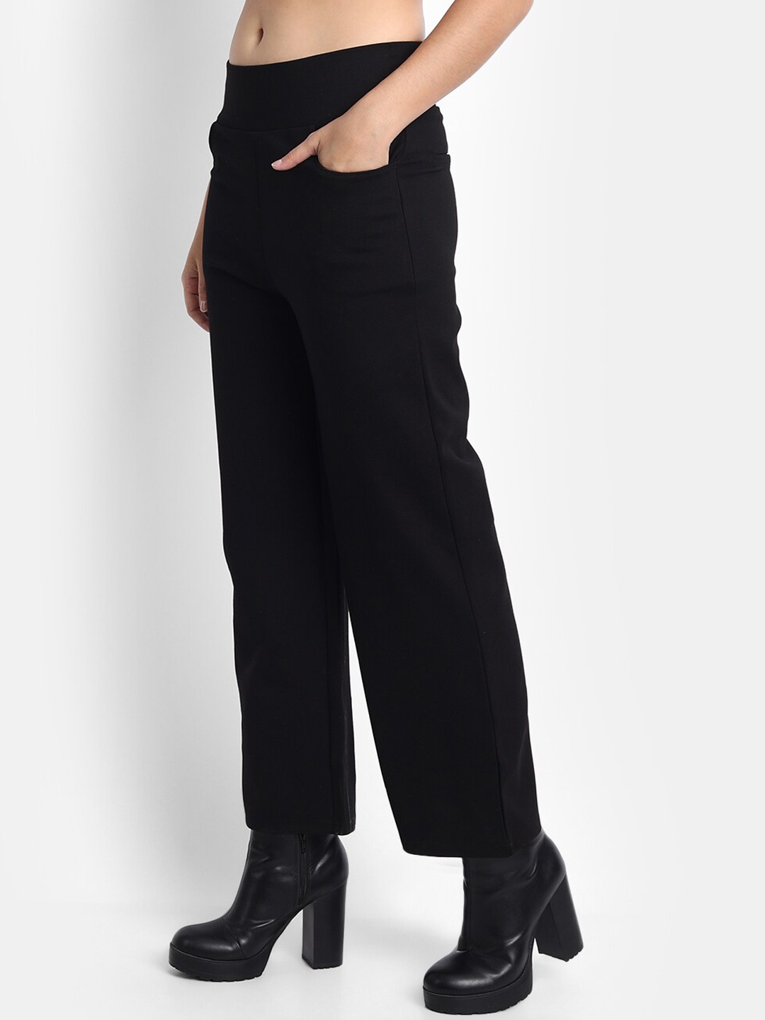 

Next One Women Smart Straight Fit High Rise Easy Wash Parallel Trousers, Black