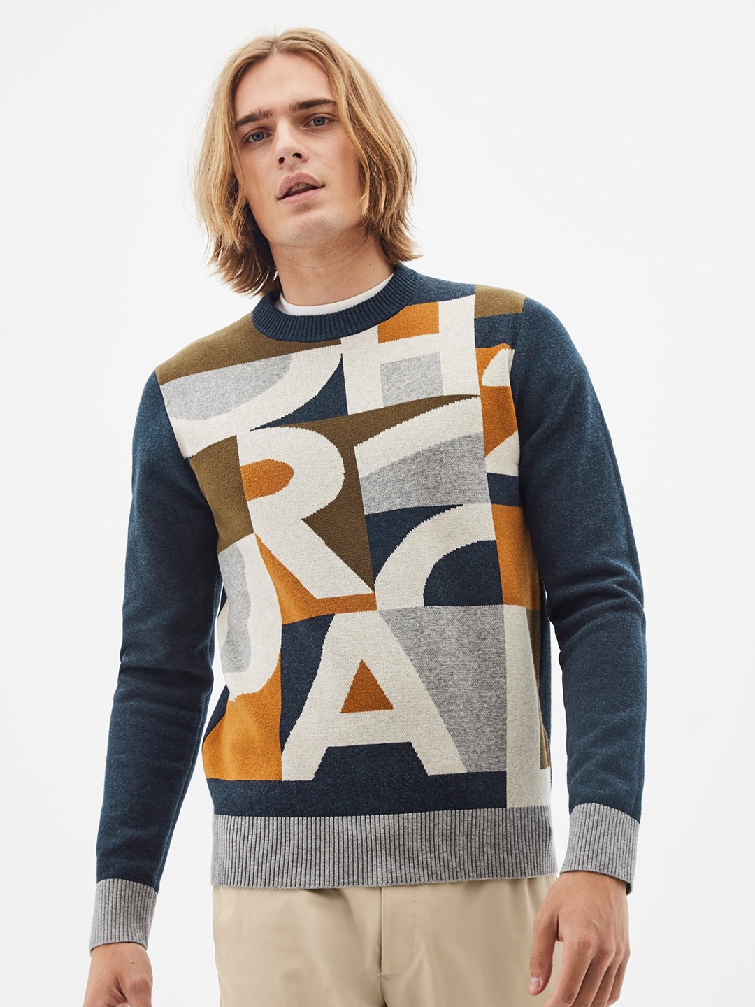 

Celio Typographic Printed Ribbed Pullover Sweaters, Navy blue