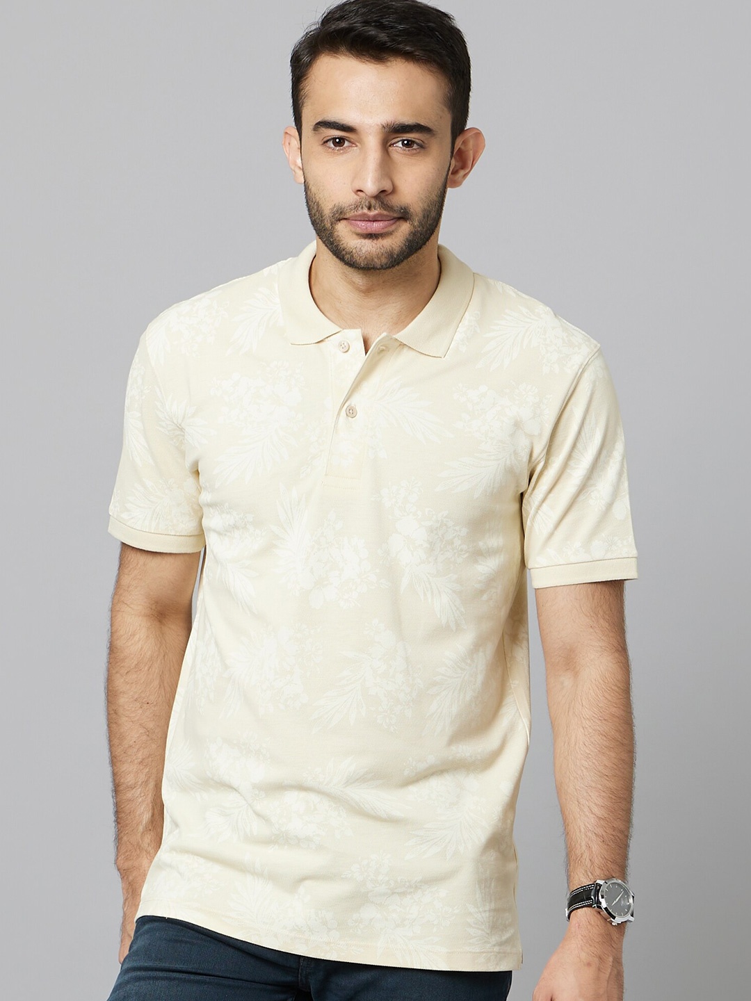 

Celio Floral Printed Polo Collar Cotton Casual T-Shirt, Beige
