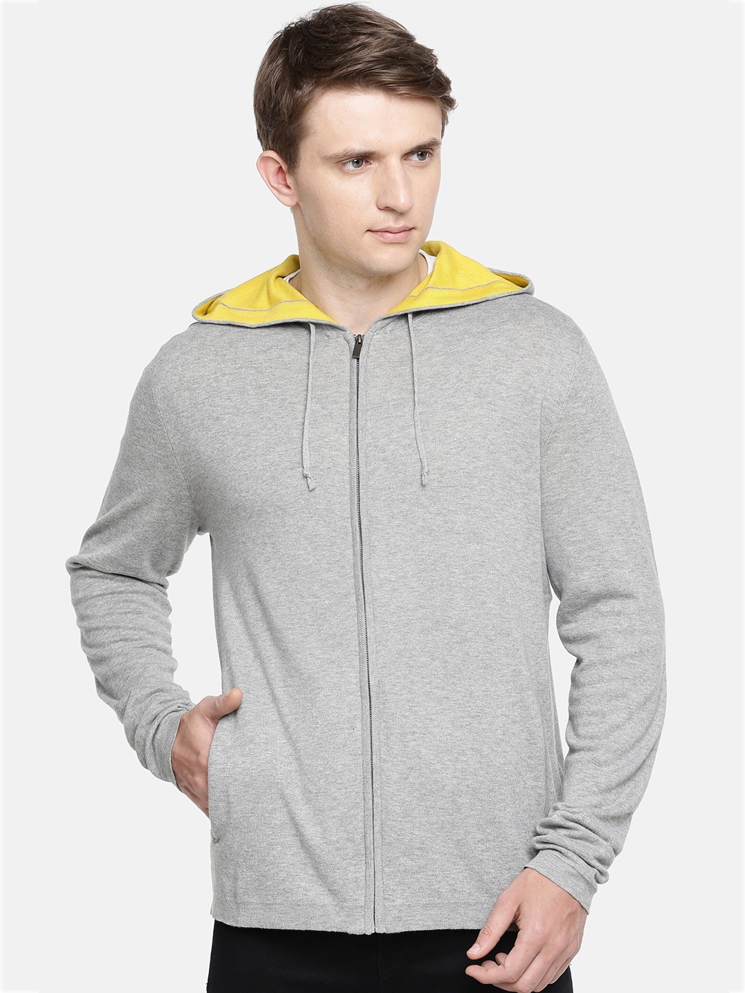 

Celio Hooded Cotton Front-Open Sweaters, Grey melange