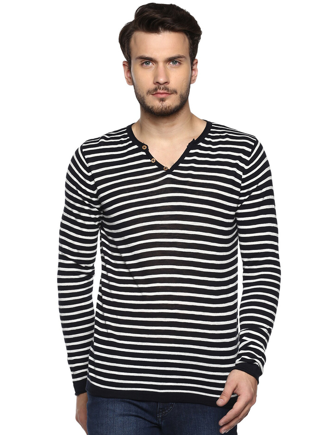 

Celio Striped Henley Neck Long Sleeves Cotton Pullover, Navy blue