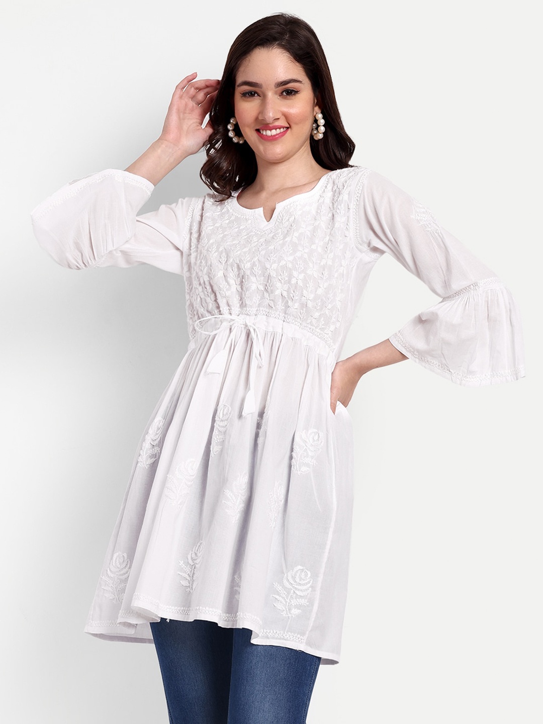 

Indiankala4u Floral Embroidered Bell Sleeve Longline A-line Top, White