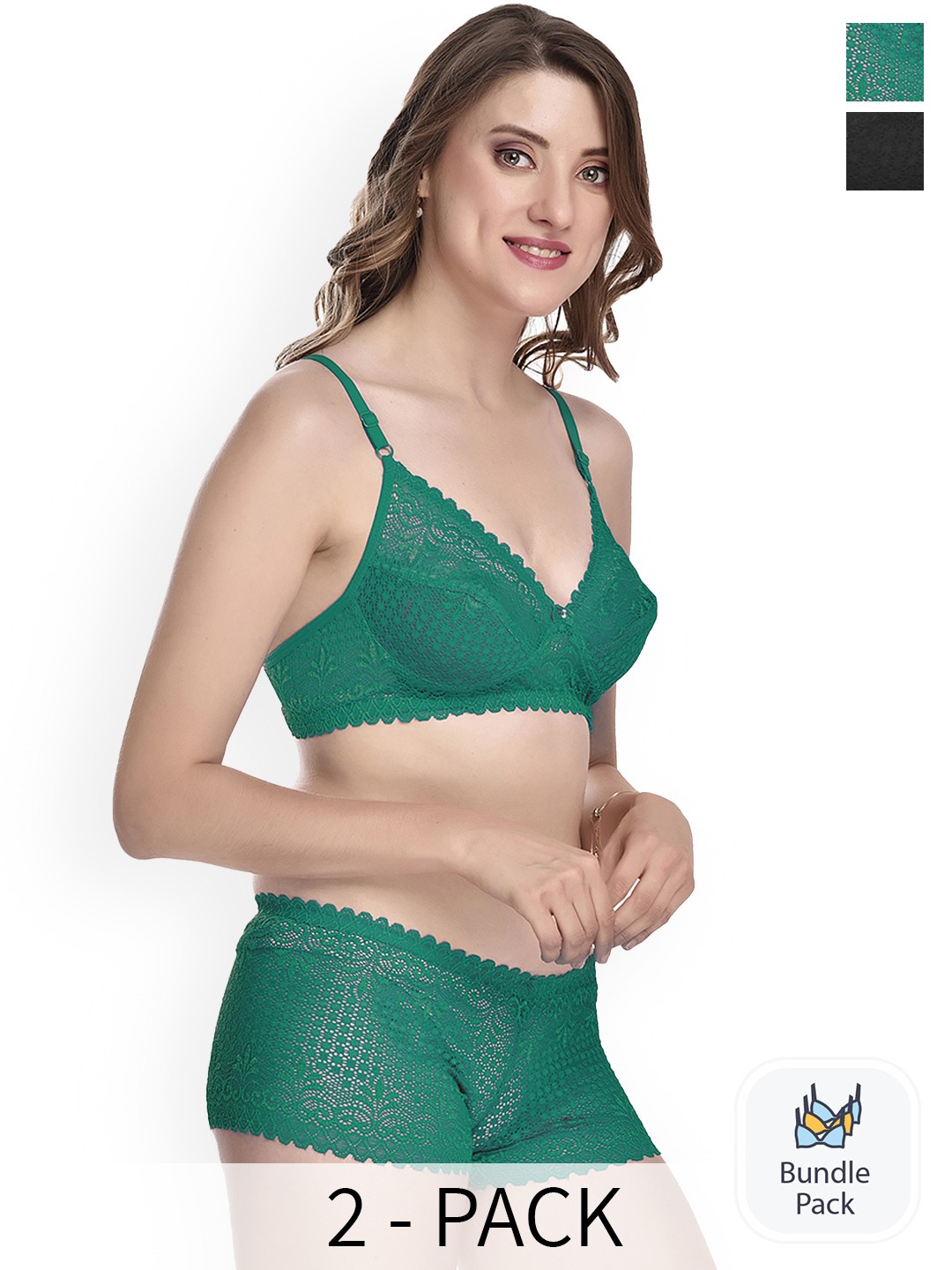 

AROUSY Pack Of 2 Self Design Cotton Lingerie Set Q_Net Set_Green,Black_30