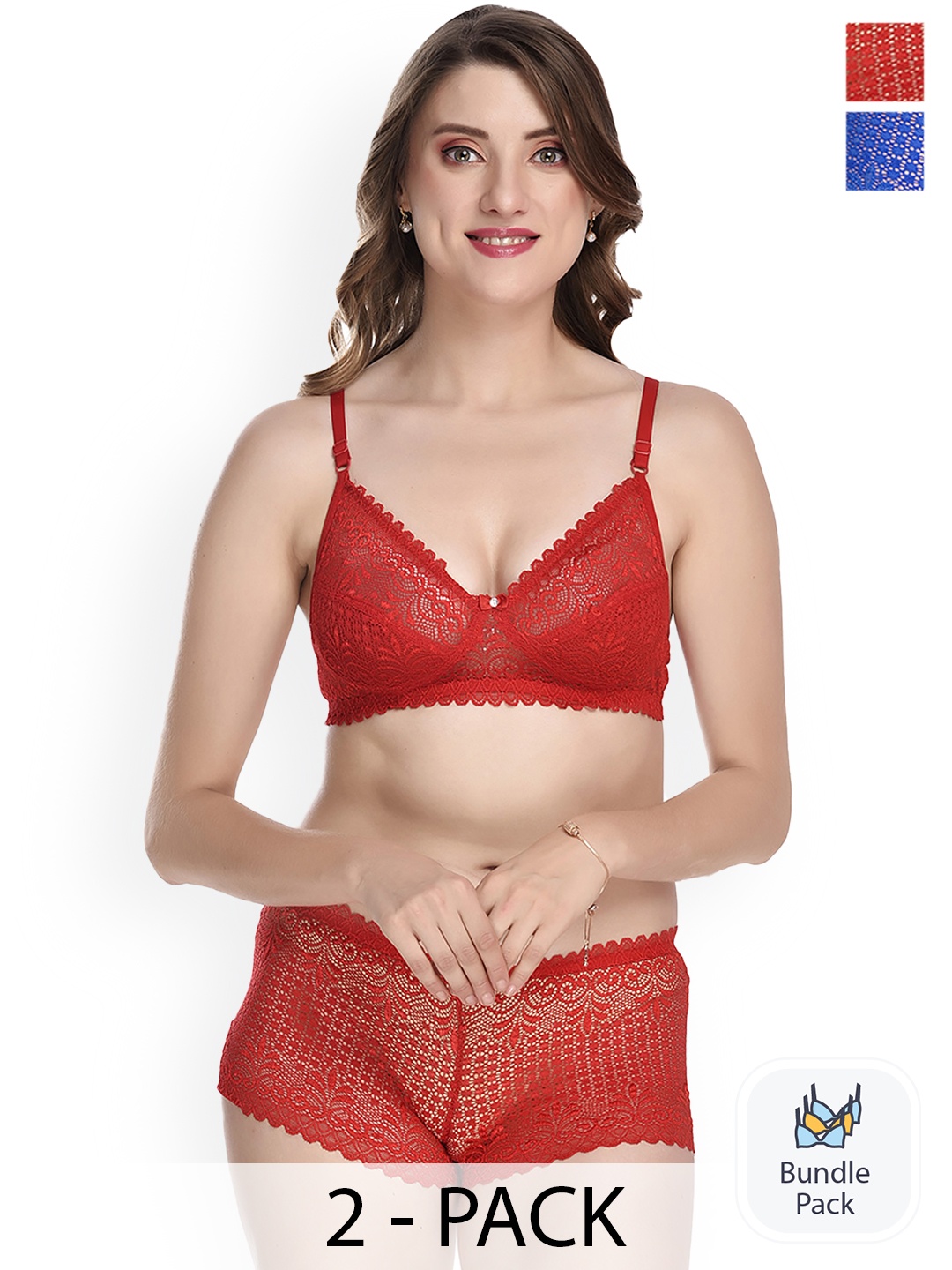 

AROUSY Pack Of 2 Self-Design Cotton Lingerie Set Q_Net Set_Red,Blue_30