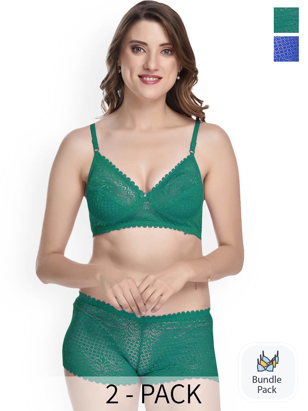 

AROUSY Pack Of 2 Self Design Cotton Lingerie Set Q_Net Set_Green,Blue_30