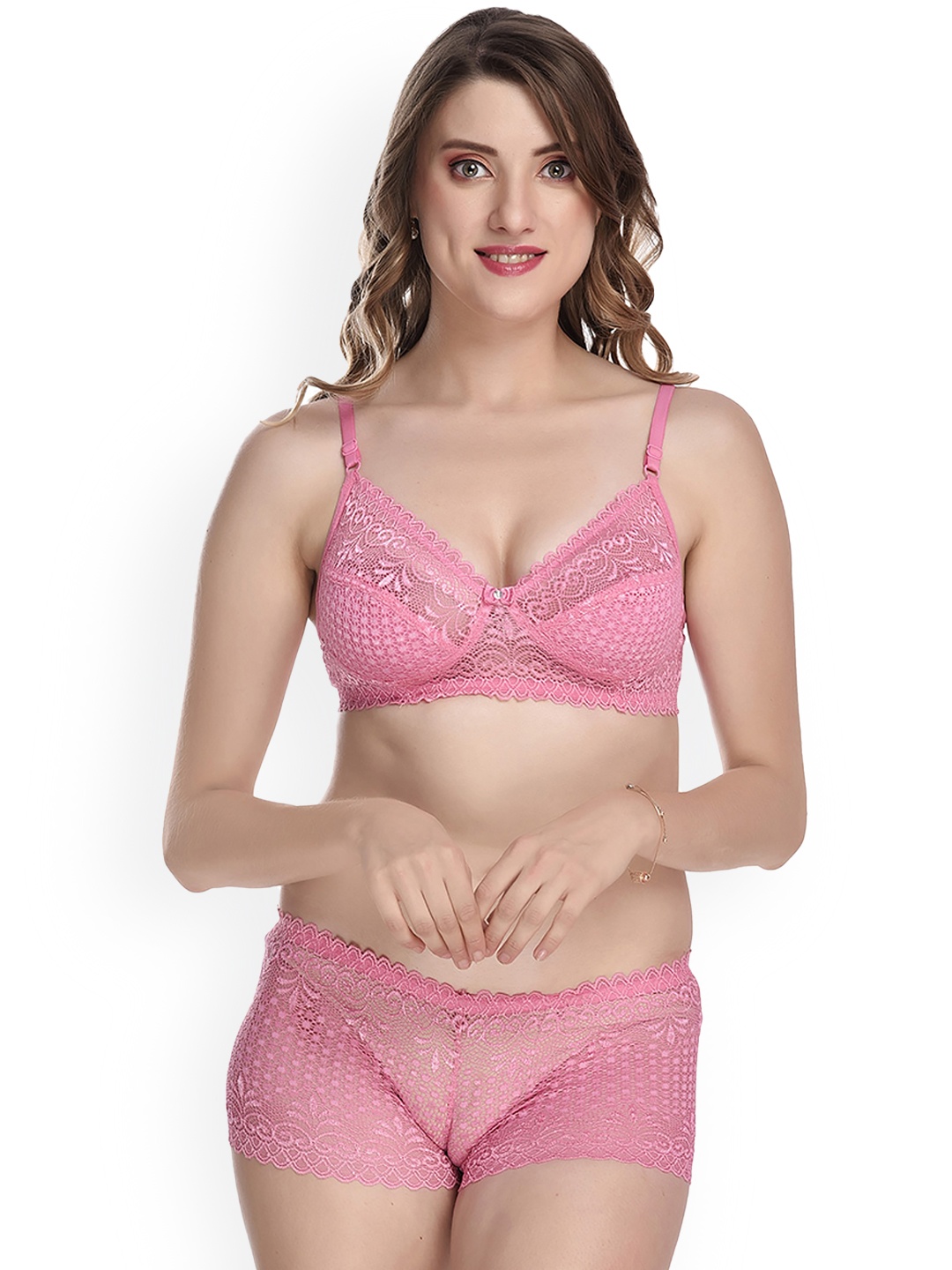 

AROUSY Self-Design Cotton Lingerie Set Q_Net Set_Red_30, Pink