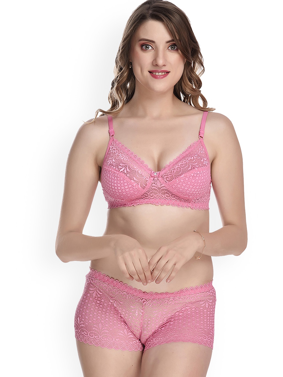 

AROUSY Self-Design Cotton Lingerie Set, Pink