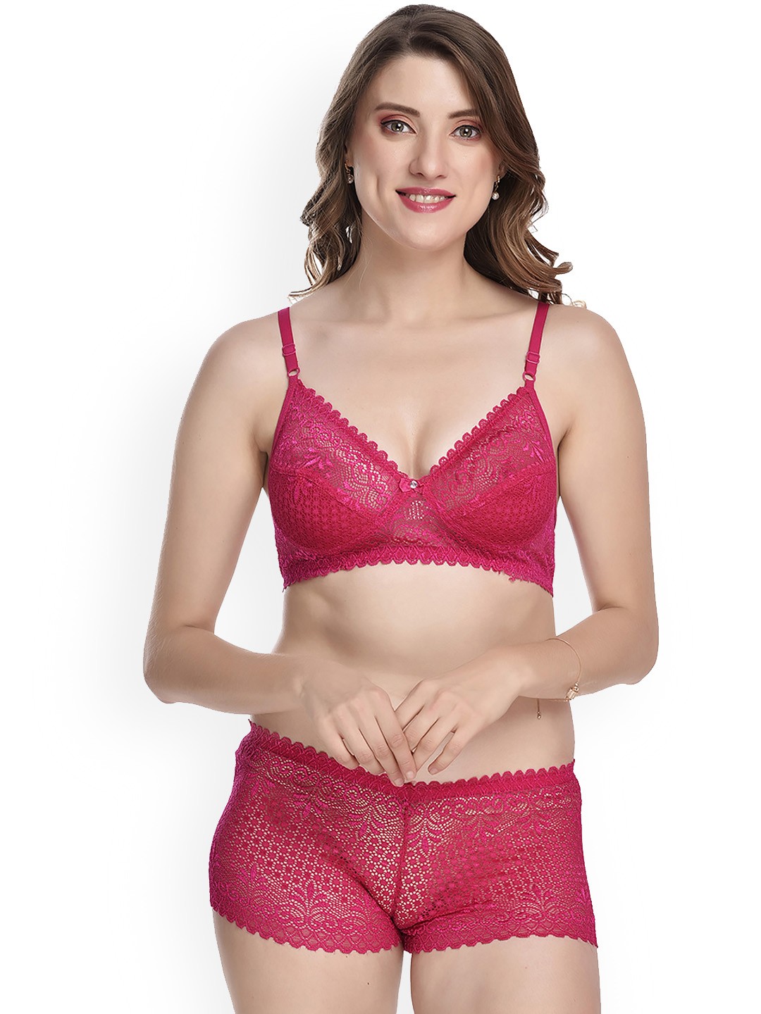

AROUSY Self Design Cotton Lingerie Set Q_Net Set_Pink_30