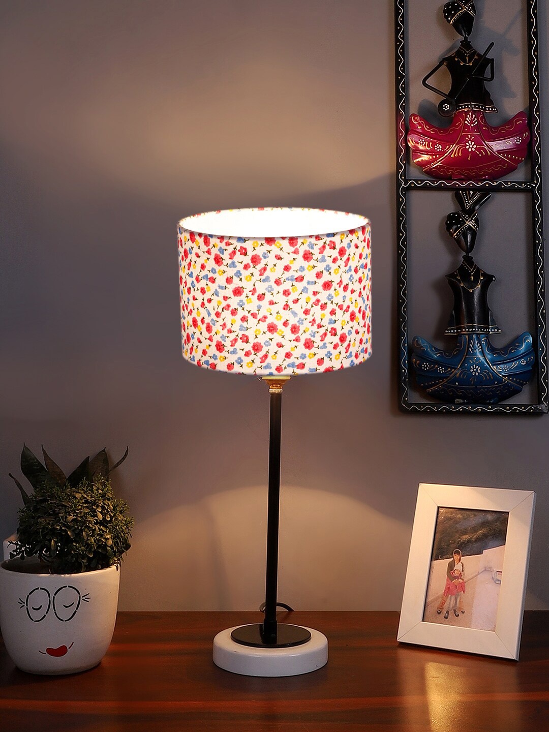 Devansh White & Red Printed Wood Cylinder Shaped Table Lamp