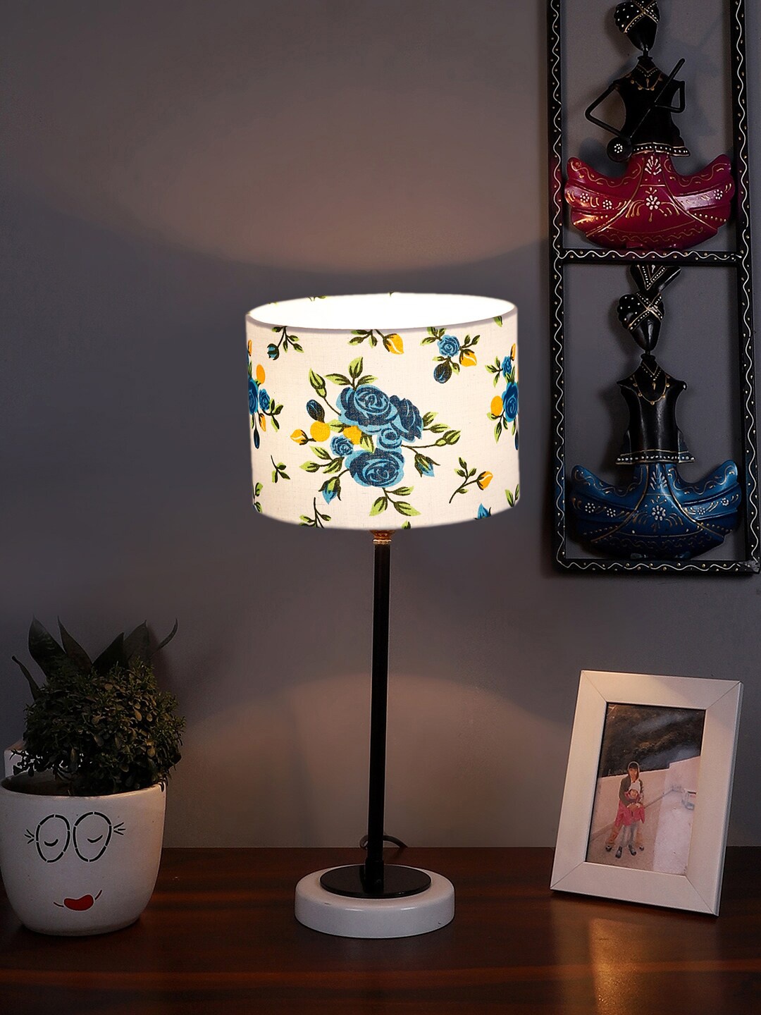 Devansh White & Blue Floral Printed Cotton Table Lamp With Wooden Base