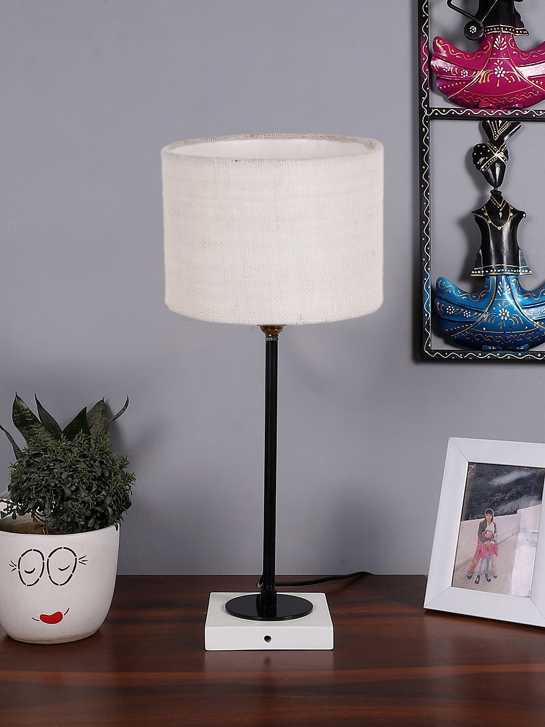 

Devansh White Textured Cotton Table Lamp With Wooden Base