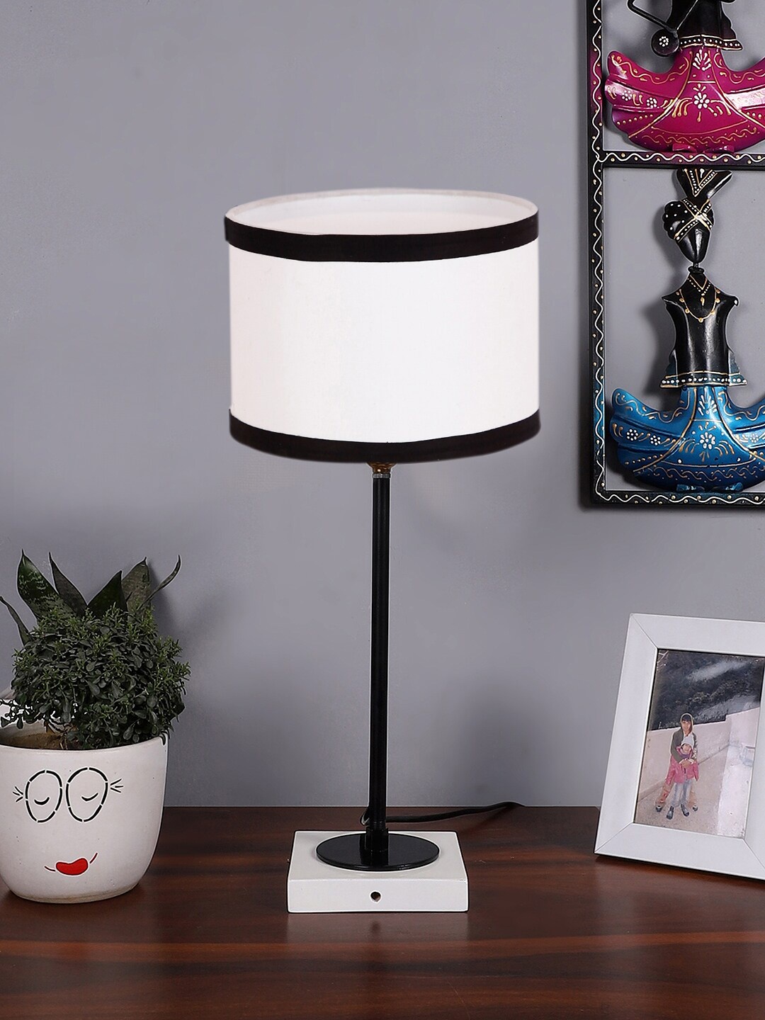 

Devansh White & Black Textured Cotton Table Lamp With Wooden Base